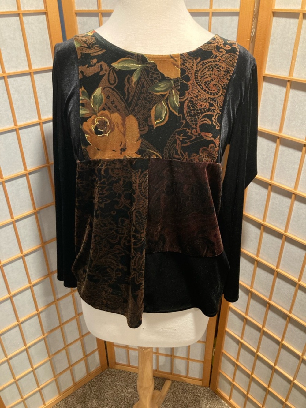 Sag Harbor Black Velvet Patchwork Top with Brown Floral Accents (Item No. R26)